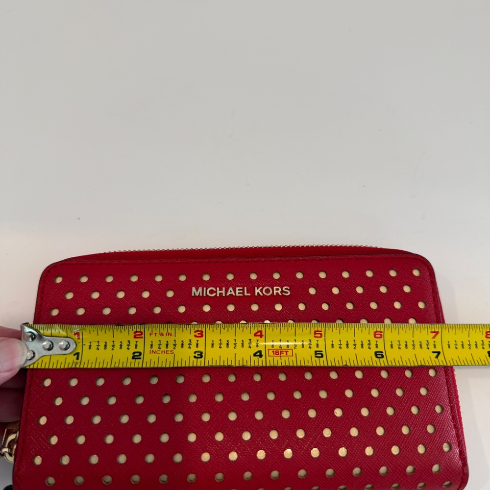 Michael Kors Red Zip Around Wallet With Gold Tone Polka Dots Multiple Pockets CC - Picture 5 of 6